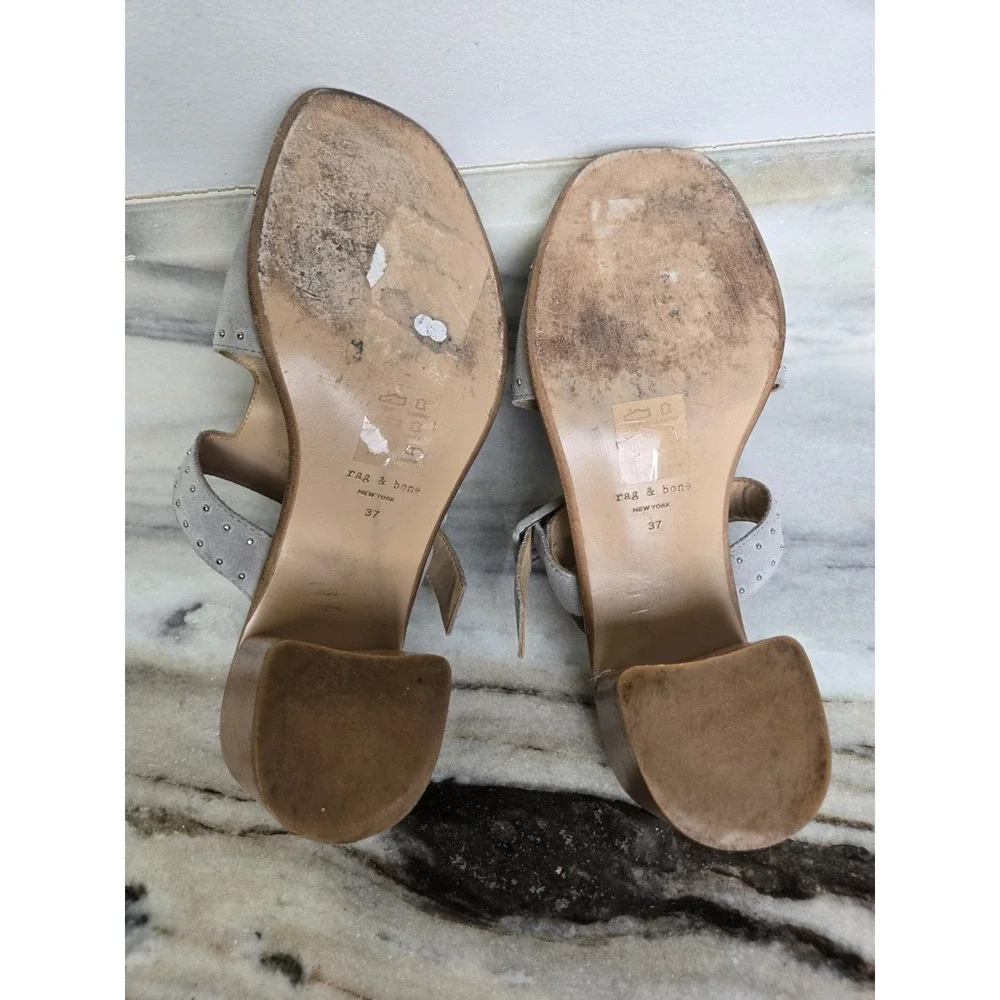 Rag & Bone Gray Suede Studded Open Toe Slip On Block Heels Sandals 37 Minimalist